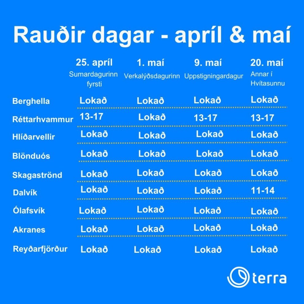Opnunartímar - rauðir dagar í apríl og maí